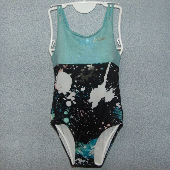 Justice Turquoise Black White Splotches Leotard L(12-14) - Picture 1 of 7